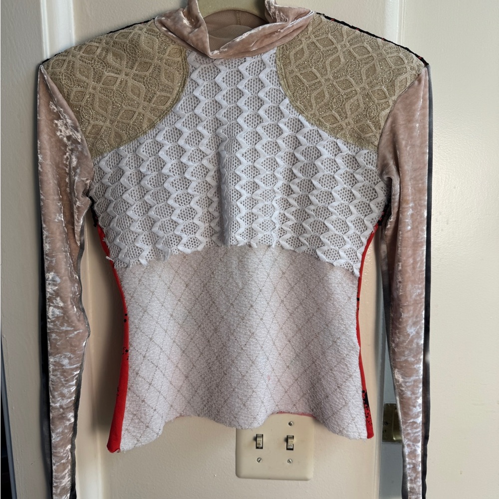 Asymmetrical Fitted Long Sleeve Bodysuit in Cream and White